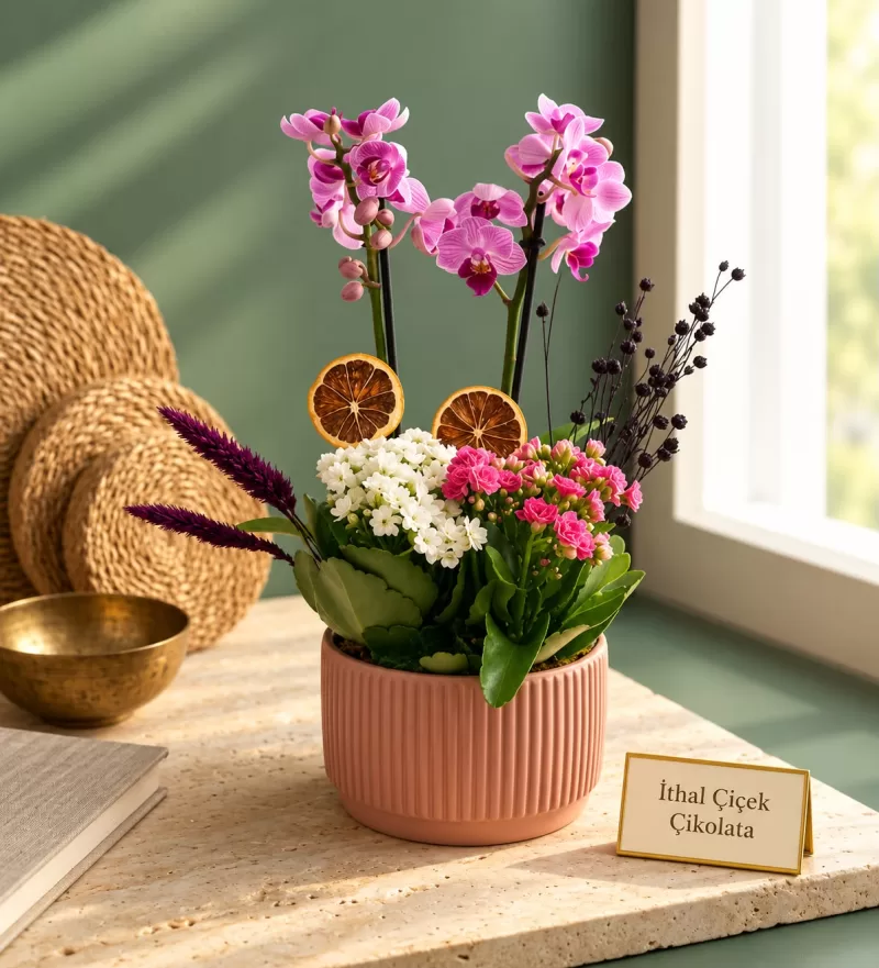  Kiremit Saksıda Mini Mor Orkide ve Kalanchoe