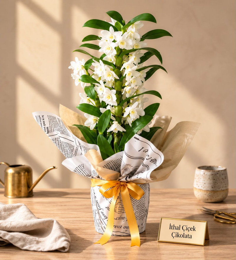 Gazete Buketli Saksıda Dendrobium