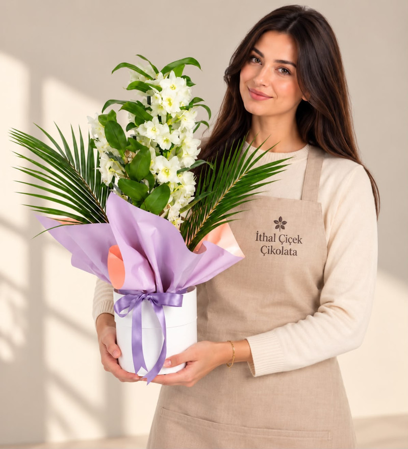 Beyaz Saksıda Lila Pembe Buket Kağıtlı Dendrobium
