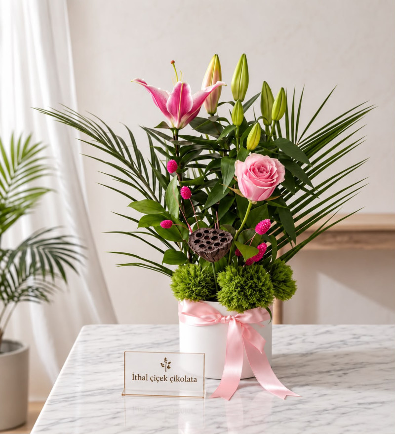 Beyaz Polimer Saksıda Pembe Lilyum ve Gül