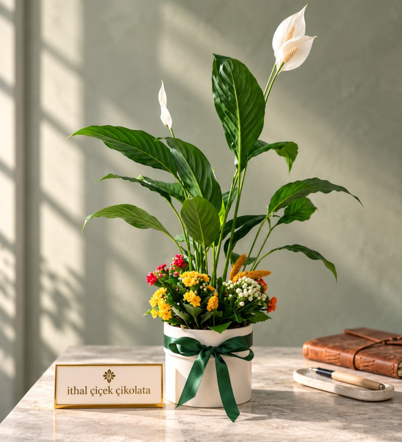 Beyaz Saksıda Barış Çiçeği ve Kalanchoe Çiçekleri