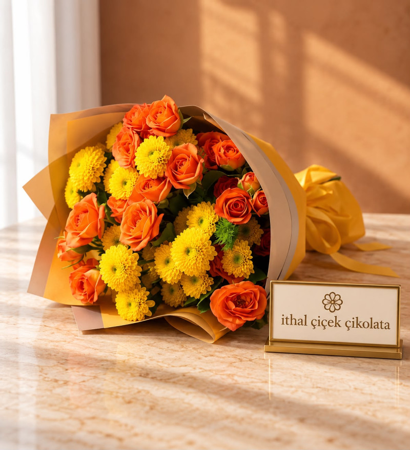 Sarı Bukette Turuncu Güller ve Sarı Kasımpatı