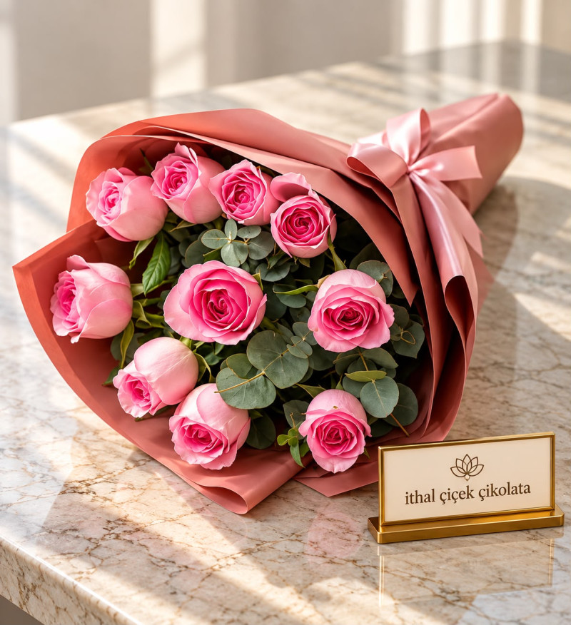 Somon Buket Kağıdında 10'lu Pembe Gül Buketi