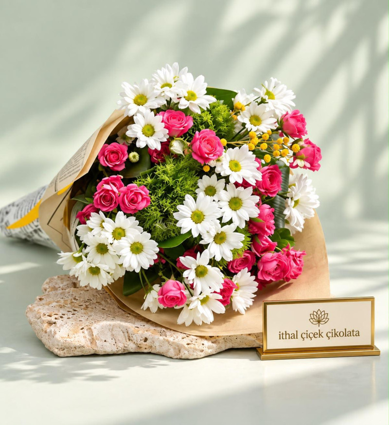 Gazete Bukette Pembe Çardak Güller ve Papatyalar