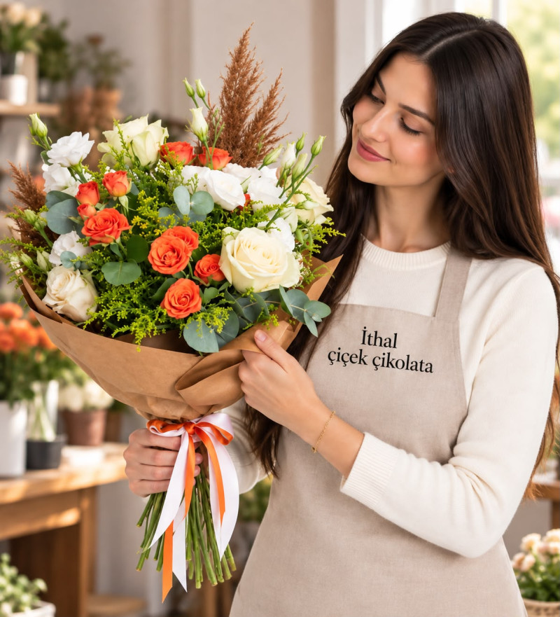 Kraft Bukette Turuncu Gül & Beyaz Gül ve Lisyantus