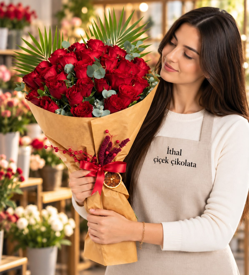 Kraft Bukette 21 Kırmızı Gül ve Fenix Bitkisi