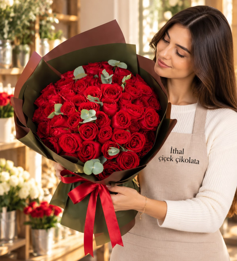 Yeşil Kahve Bukette 60 Kırmızı Gül