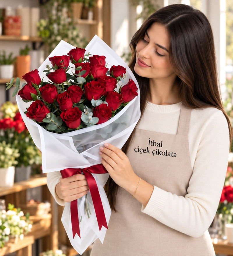 Beyaz Buket Kağıdında 20'li Kırmızı Gül Buketi