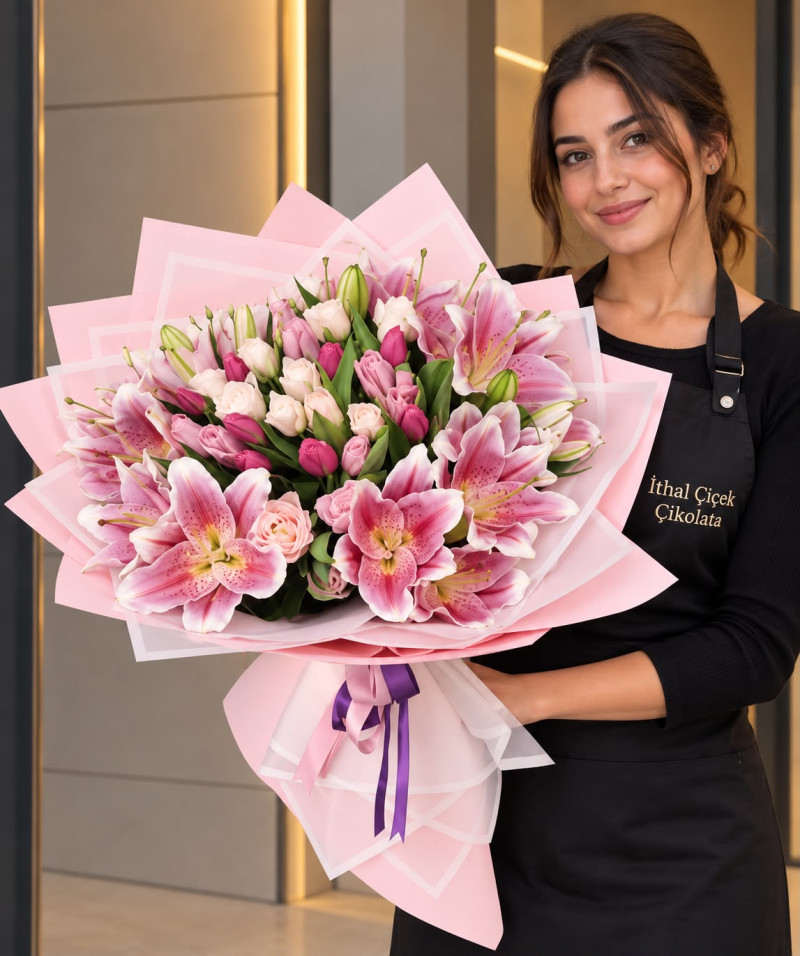 pembe lilyum ve renkli lale