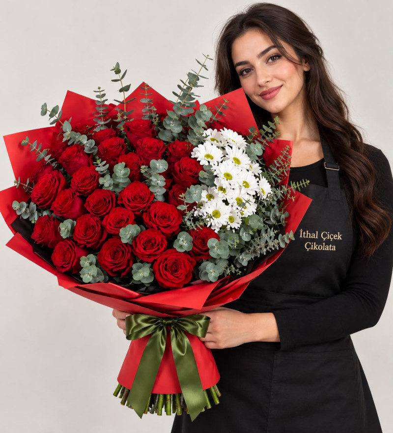 Kraft Bukette 41 Kırmızı Gül ve Beyaz Papatyalar