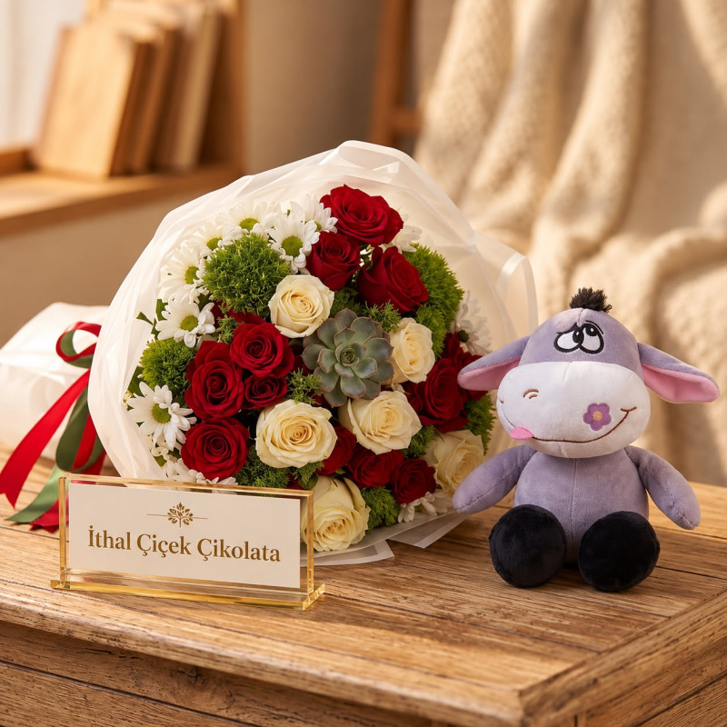 Bukette Beyaz Kırmızı Güller ve Peluş Eşek