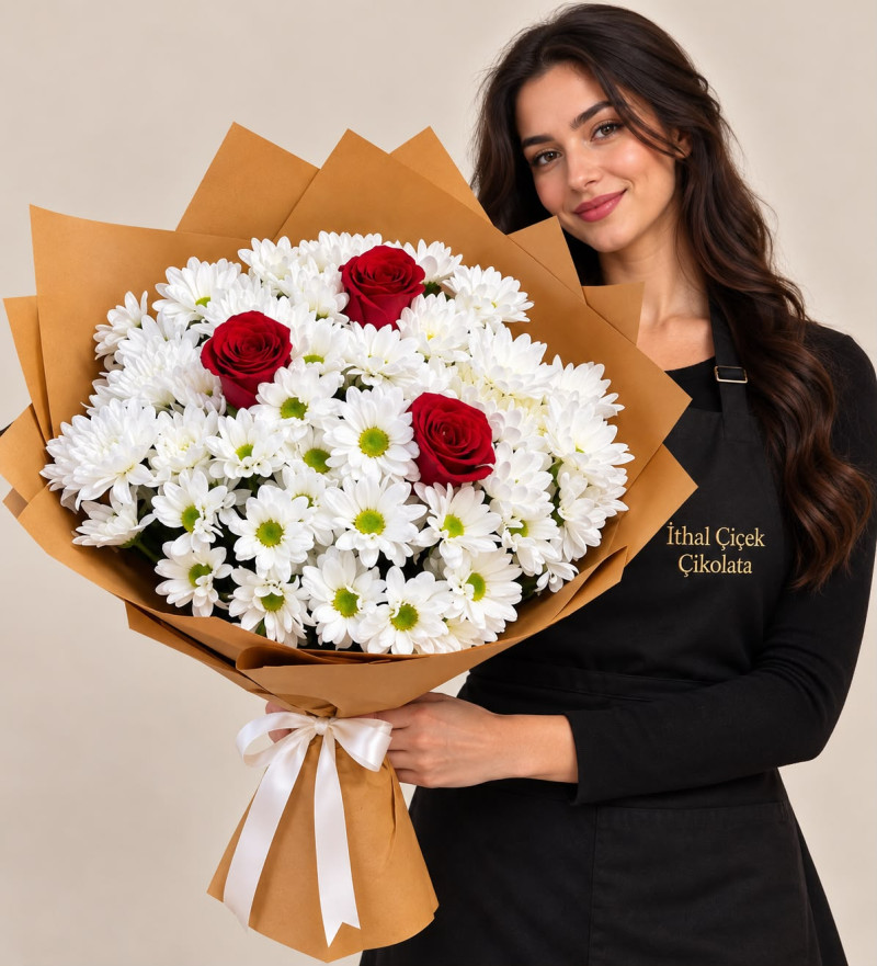 Bukette Premium Kırmızı Güller ve Papatyalar
