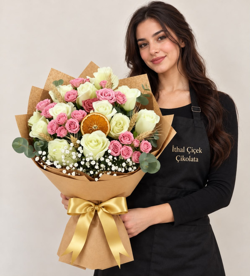 Tasarım Bukette Beyaz Güller ve Pembe Çardak Güller